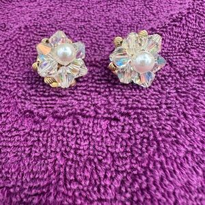 Vintage Gold Tone Clip On Earrings With Faux Pearls and AB Rhinestones.